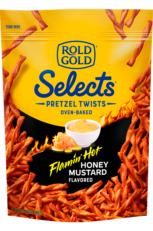 Bag of <span style="display: block;line-height: 4rem;font-size:4rem; font-family:inherit">ROLD GOLD® SELECTS™<br>FLAMIN' HOT® HONEY MUSTARD</span>